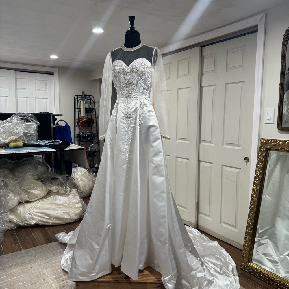 White Satin Gown With beading and sheer sleeves